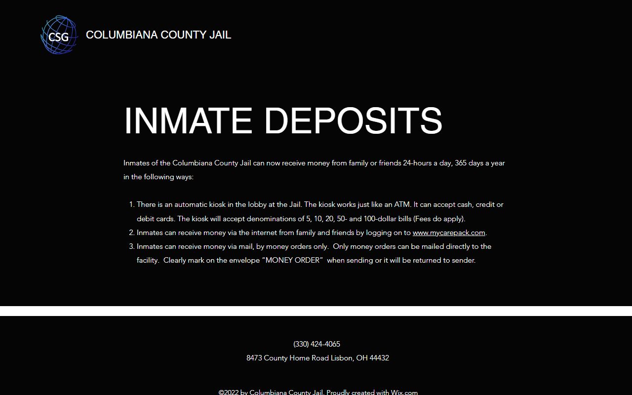 Columbiana County Jail inmate deposits and custody services