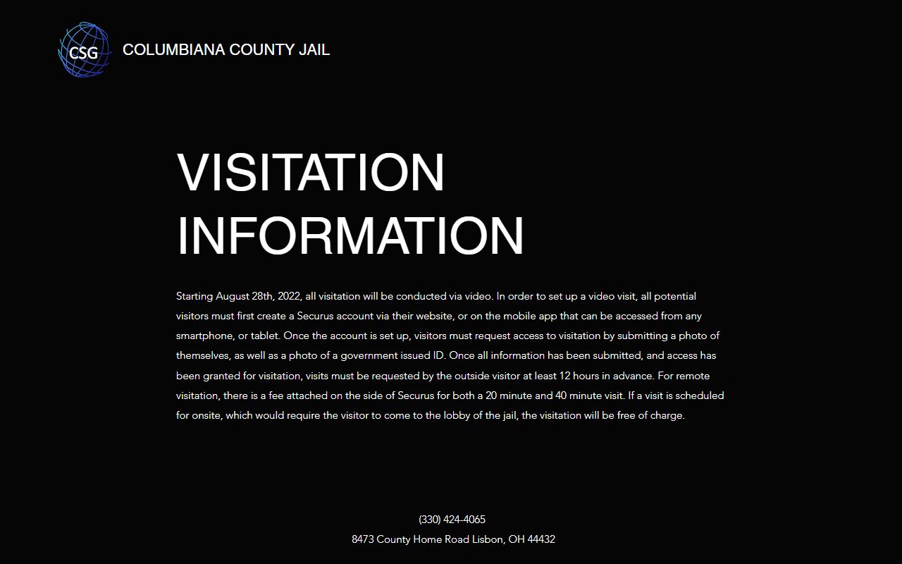 Columbiana County Jail video visitation inmate custody rules