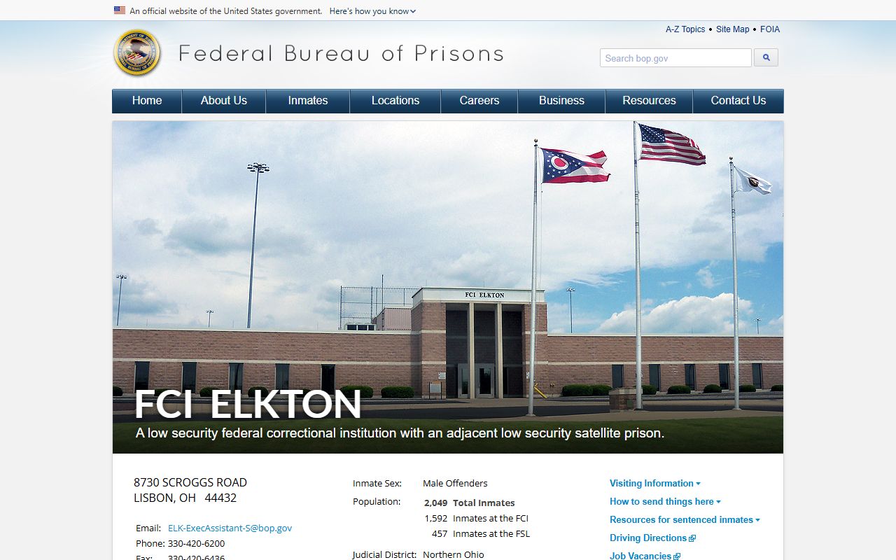 FCI Elkton federal inmate population facility page